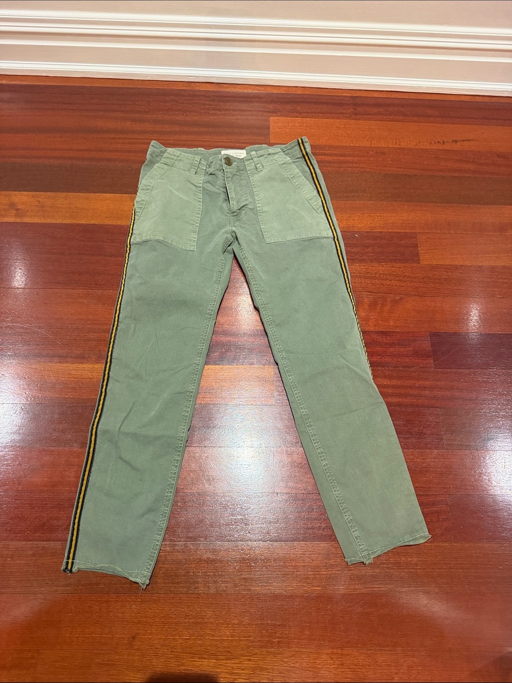 Nili Lotan Olive Green Corduroy Pants with Black and Yellow Side Stripes